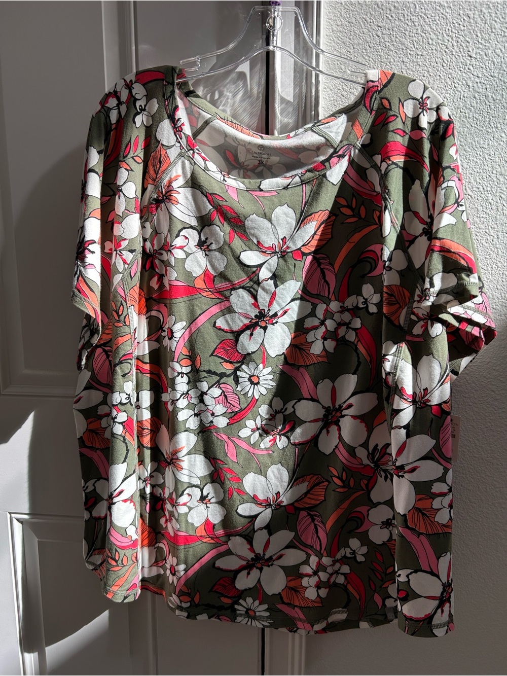 Talbots Olive Green Floral Scoop Neck Tee with Coral Accents